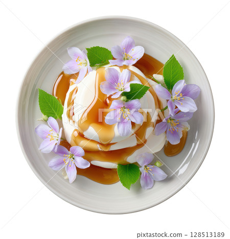 Delicate Elderflower Jelly Layered with Vanilla Cream and Drizzled Honey Garnished with Fresh Blossoms 128513189
