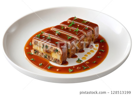 Layered Roasted Jerusalem Artichoke Terrine with Smoked Cheddar and Caramelized Pear on Walnut Jus with Thyme Oil Drizzle 128513199