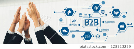 Business to Business Collaboration Concept with Hands and Icons Representing E-commerce, Agreements, and Strategic Sales in a Modern Context. Amity Business to Business Collaboration Concept with Hands and Icons Representing E-commerce, Agreements, and Strategic Sales in a Modern Context. Amity 128513259