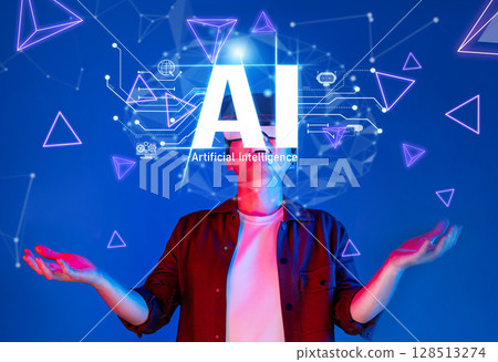 Futuristic Concept of Artificial Intelligence with Human Interaction and Digital Elements on Blue Background XDMCP 128513274