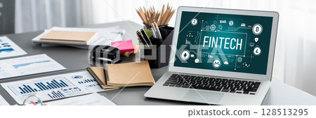 Data analysis dashboard display on laptop screen on office table. Insight 128513295