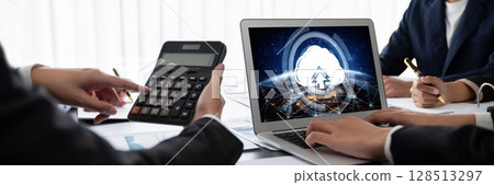 Analyst team working on data analysis dashboard on laptop screen. Insight 128513297