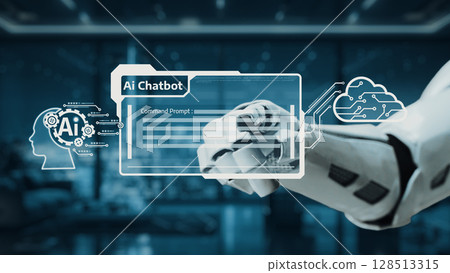 Futuristic Artificial Intelligence Chatbot with Robotic Hand Interacting in Modern Digital Environment with Cloud Integration. Auvana Futuristic Artificial Intelligence Chatbot with Robotic Hand Interacting in Modern Digital Environment with Cloud Integration. Auvana 128513315