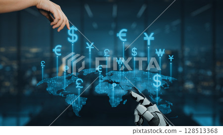 Futuristic Financial Technology Concept with Robotic Hand Interacting with Currency Symbols over World Map in Modern Office Setting. Auvana 128513368