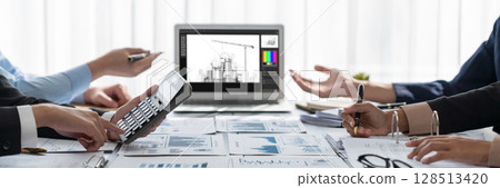 Analyst team working on data analysis dashboard on laptop screen. Insight Analyst team working on data analysis dashboard on laptop screen. Insight 128513420