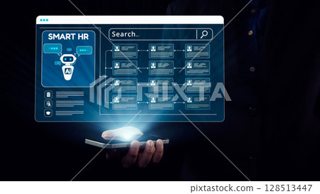 Futuristic HR Technology Concept with Artificial Intelligence Assistant Displayed on Smartphone for Innovative Human Resource Management Solutions. Qubit 128513447