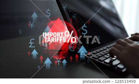Global Import Tariffs and Tax Impact on International Trade with Currency Symbols and Financial Growth Indicators. Consignment 128513450
