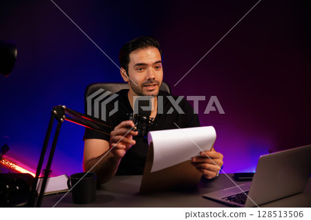 Broadcaster talking to listener with script to educate in psychology. Surmise. Broadcaster talking to listener with script to educate in psychology. Surmise. 128513506
