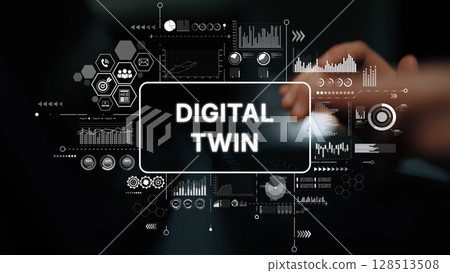 Digital Twin Concept Visualization with Data Analysis Graphics and Touch Interaction in Modern Technology Environment. Asymptotic smart data analytic Digital Twin Concept Visualization with Data Analysis Graphics and Touch Interaction in Modern Technology Environment. Asymptotic smart data analytic 128513508