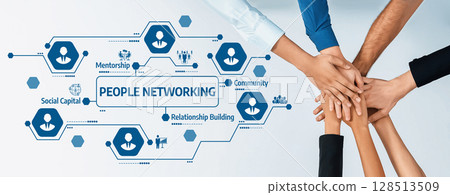 Hands Coming Together for People Networking with Icons Representing Mentorship, Community, and Relationship Building in a Modern Business Environment. Amity 128513509