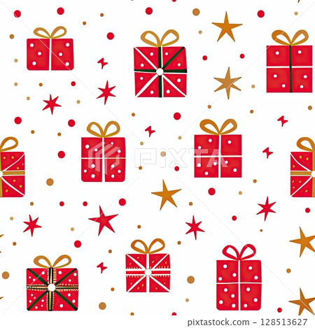 Simple shapes of red Christmas gifts and red and gold stars on a white background, creating a seamless pattern perfect for holiday wrapping. 128513627