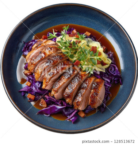 Pan-Roasted Pigeon Breast Slices Arranged Over Braised Red Cabbage on a Elegant Plate Pan-Roasted Pigeon Breast Slices Arranged Over Braised Red Cabbage on a Elegant Plate 128513672
