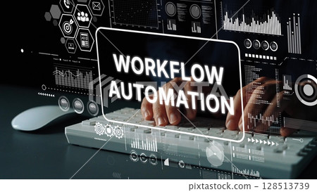 Hands on Keyboard with Digital Interface Displaying Workflow Automation Concept in Modern Business Environment. Asymptotic smart data analytic 128513739