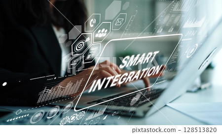 Business professional using laptop with data visualization and smart integration concept in a modern workspace setting. Asymptotic smart data analytic Business professional using laptop with data visualization and smart integration concept in a modern workspace setting. Asymptotic smart data analytic 128513820