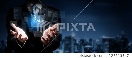 Hands Holding AI Concept Technology with Digital Interface in Business Environment for Generative and Programming Applications in Artificial Intelligence XDMCP Hands Holding AI Concept Technology with Digital Interface in Business Environment for Generative and Programming Applications in Artificial Intelligence XDMCP 128513847