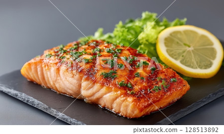 Grilled Salmon Fillet Seasoned with Herbs and Lemon on a Slate Plate with Fresh Greens 128513892