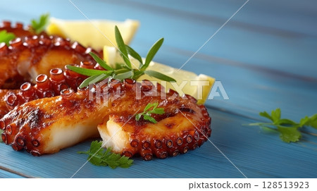Grilled Octopus with Fresh Herbs and Lemon Slices on Blue Wooden Surface Grilled Octopus with Fresh Herbs and Lemon Slices on Blue Wooden Surface 128513923