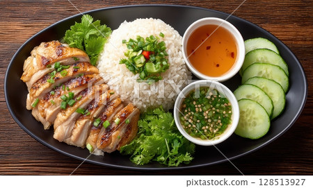 Tender Chicken with Neatly Grained Rice, Dipping Sauce, and Thinly Sliced Cucumber on a Stylish Plate 128513927