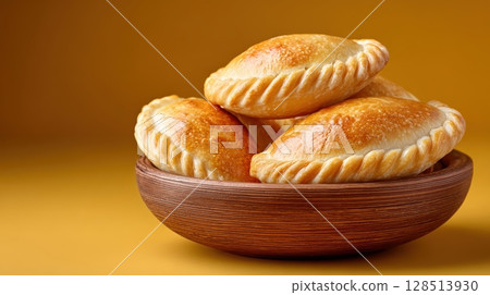 Golden-brown Empanadas in Wooden Bowl Against a Vibrant Yellow Background 128513930