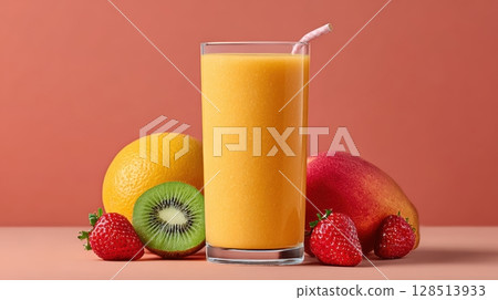 Refreshing Fruit Smoothie with Kiwi, Mango, Orange, and Strawberries on a Stylish Background Refreshing Fruit Smoothie with Kiwi, Mango, Orange, and Strawberries on a Stylish Background 128513933