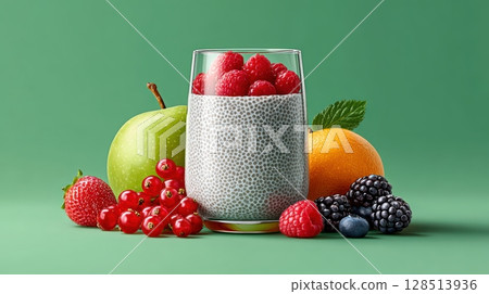 Creamy Chia Pudding Soaked in Almond Milk Topped with Fresh Fruits on a Vibrant Green Background 128513936