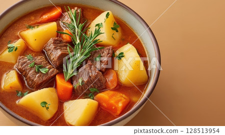 Hearty Beef Stew with Tender Meat, Potatoes, Carrots, and Fresh Herbs in Bowl on Neutral Background 128513954