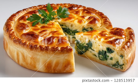 Delicious Spinach Pie with Golden Crust and Creamy Filling Sliced on a White Background 128513957