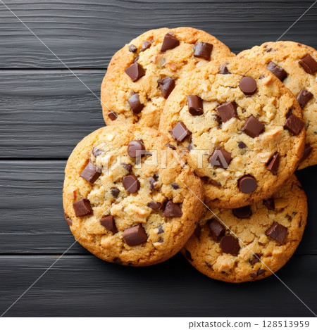 Deliciously Freshly Baked Chocolate Chip Cookies with Rich Chocolate Chunks on a Dark Wooden Table 128513959