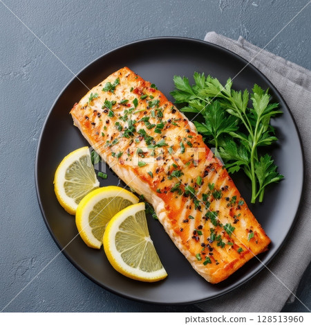 Baked Salmon Fillet with Fresh Herbs and Lemon Slices on a Black Plate 128513960
