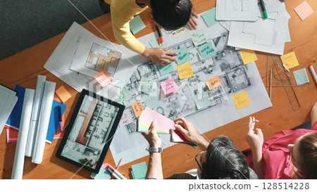 Time lapse of skilled engineer working together to design building. Symposium. 128514228