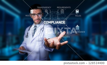 Doctor or healthcare professional presenting compliance and regulations related to health care, showcasing transparency, governance, and requirements in a modern setting. PHMT 128514400