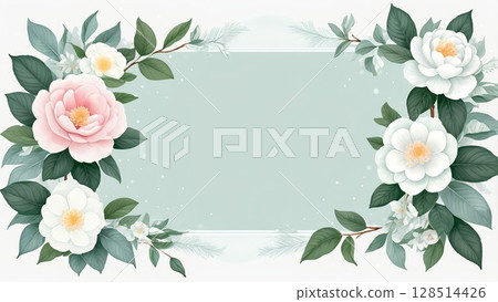 Decorative frame of winter plants | Hand-drawn camellia flower motif 128514426