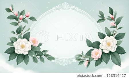 Winter seasonal camellia flower frame | Natural vector style 128514427