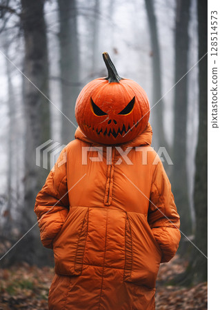 Portrait of a girl in orange jacket with a in carved pumpkin mask 128514573