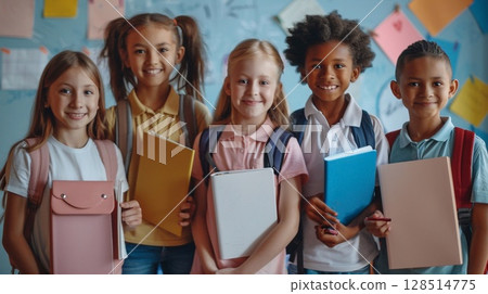 Together in Learning: Children with Books and Backpacks 128514775