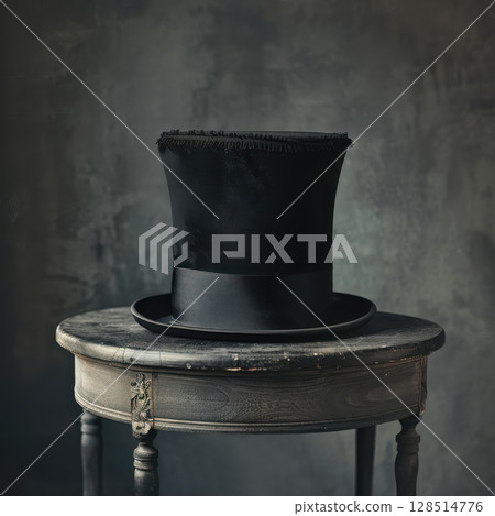 An old black hat of an illusionist wizard on the table. 128514776