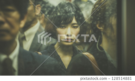 一個現實的通勤場景，一位女士默默地厭倦了擁擠的火車 128514881