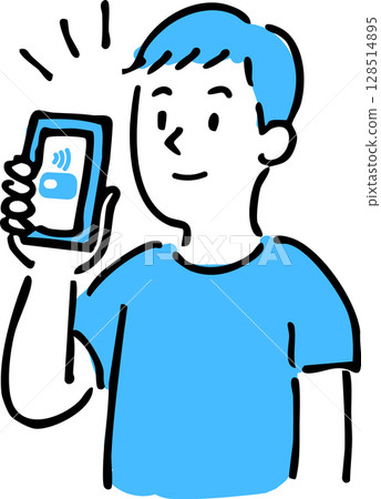 Illustration of a man making a contactless payment with a smartphone 128514895