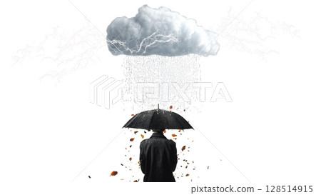 Man in a coat holds an umbrella as rain falls, created with AI, PNG 128514915