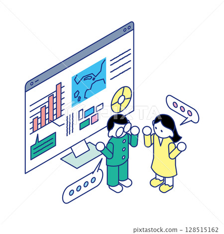 Isometric illustration of children presenting ideas while looking at graphs and maps on a monitor Isometric illustration of children presenting ideas while looking at graphs and maps on a monitor 128515162