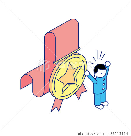 Isometric illustration of a child rejoicing in front of a gold medal Isometric illustration of a child rejoicing in front of a gold medal 128515164