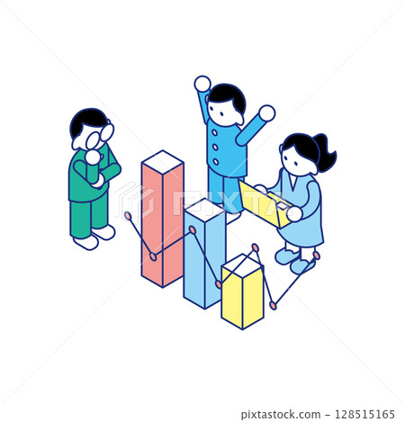 Isometric illustration of children discussing, analyzing and rejoicing while looking at graphs 128515165