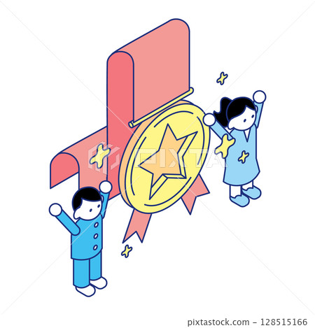 孩子們在金牌前慶祝的等距插圖 孩子們在金牌前慶祝的等距插圖 128515166