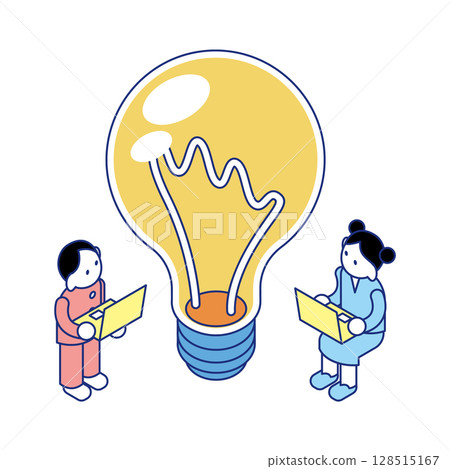 Isometric illustration of two children using a laptop in front of a large light bulb Isometric illustration of two children using a laptop in front of a large light bulb 128515167