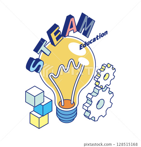Isometric illustration of an education concept consisting of the letters STEAM and a light bulb, gears and blocks 128515168