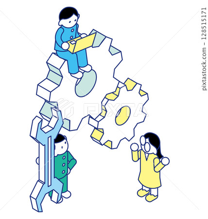 Children learning about engineering | Isometric illustration of gears and laptop 128515171