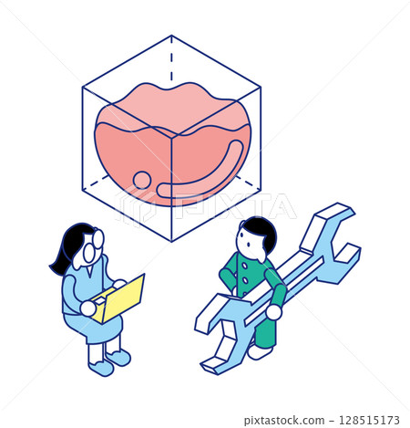 Isometric illustration of educational visuals of children observing, recording and preparing experimental subjects Isometric illustration of educational visuals of children observing, recording and preparing experimental subjects 128515173