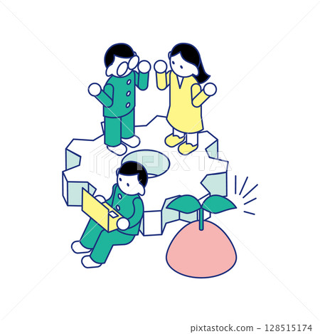 Children learning about engineering | Isometric illustration of gears and laptop 128515174