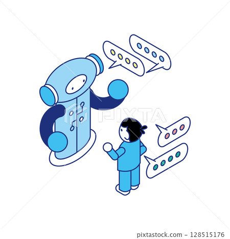 Isometric illustration of a child communicating with an interactive AI robot 128515176