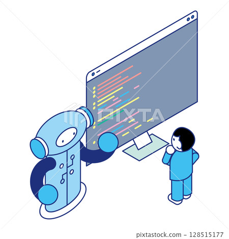 機器人和孩子一起破解代碼的編程學習場景的等距插圖 128515177